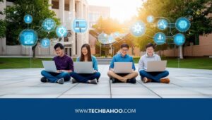 Emory University campus with students engaged in technology and innovation activities