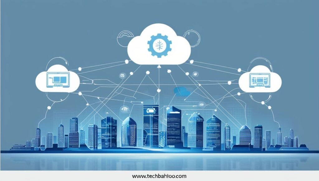 Futuristic city skyline with digital connections and cloud systems symbolizing the future of technology.

