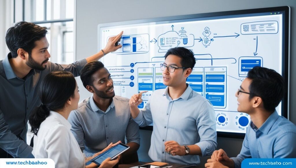 Group of tech professionals collaborating at a digital whiteboard, discussing complex technology solutions.


