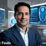 Portrait of Pedro Vaz Paulo in a modern office with digital tech screens around him, representing innovation in technology.