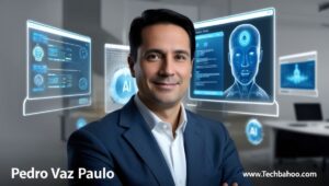 Portrait of Pedro Vaz Paulo in a modern office with digital tech screens around him, representing innovation in technology.